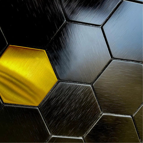 Close-up of Peel And Stick Backsplash Honeycomb Tile Set for Walls Kitchen Bathroom and Fireplace Stainless Steel Look Gold Brushed Black Finish
