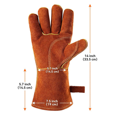 14 Inch 932F Heat Resistant Cowhide Leather Welding Gloves For Grill Pros And Home Cooks With Reinforced Palm, Insulated Lining