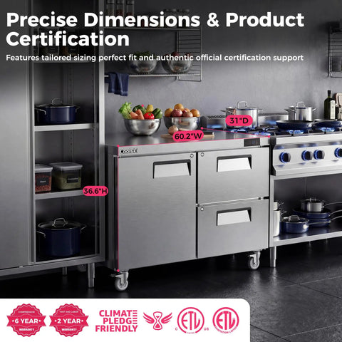 Sixty Inch Wide Commercial Undercounter Refrigerator With Drawer Door Combo Fifteen Point Three Cubic Feet Stainless Steel Worktop Fridge A Built Tough Kitchen Workhorse Holds Six Full Pans Heavy Duty Cold Storage with dimensions.