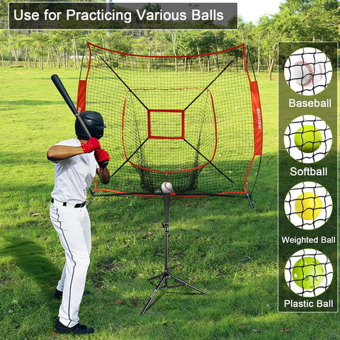 Baseball player using 7x7 Baseball Softball Practice Net With Batting Tee And Bow Frame Backstop Portable Hitting And Pitching Net Kit