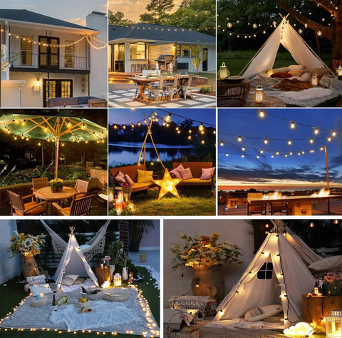Collage of outdoor settings with 100 Ft Outdoor String Lights With 52 Shatterproof G40 Globe Bulbs Warm 2700K Patio Lighting ETL Listed Waterproof Dimmer Compatible End To End Connectable Up To 600 Bulbs For Bistro Porch Backyard Balcony.