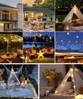 150 Ft Outdoor String Lights With Shatterproof G40 Bulbs For Patio Porch Backyard Cafe Market End To End Connectable Up To 600 Bulbs Dimmable Compatible ETL Certified Adapter illuminating various outdoor spaces, including patios and gardens at night.