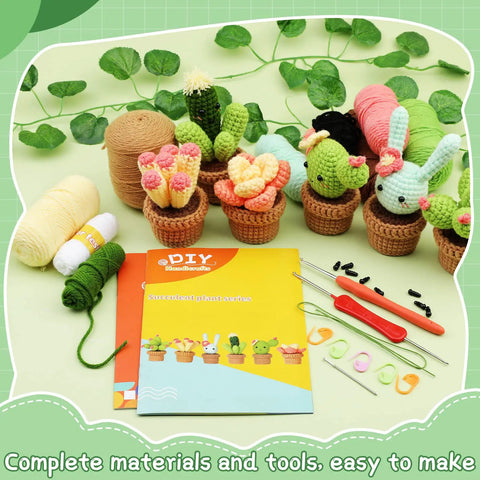 Plant Crochet Kit for Beginners with 6 Succulent Projects, Crochet Hooks, Yarn, Plastic Eyes, Floral Wire, Easy DIY Craft Kit