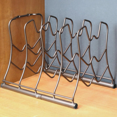 Keep Your Cookware On Deck With This Heavy Duty Pan Organizer Rack Bronze Finish free standing lid holder with five slots.