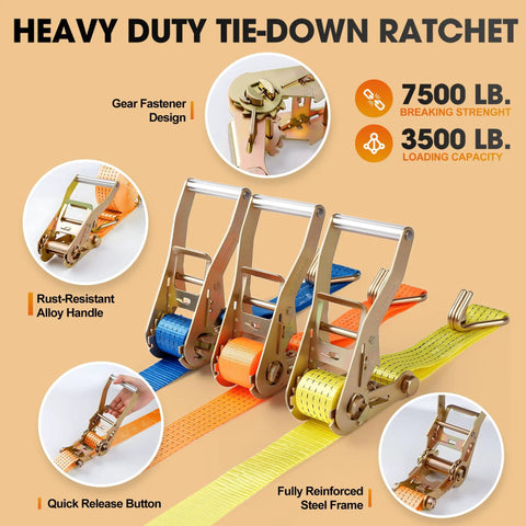 Pro Grade 4 Pack 2 Inch Ratchet Straps Heavy Duty Tie Down Ratcheting With J Hook And Reinforced Steel Wire Clips in various colors.