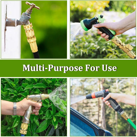 Solid No Leak Three Quarter Inch Garden Hose Quick Connector Set Brass GHT Adapters For Indoor And Outdoor Use shown in various settings.
