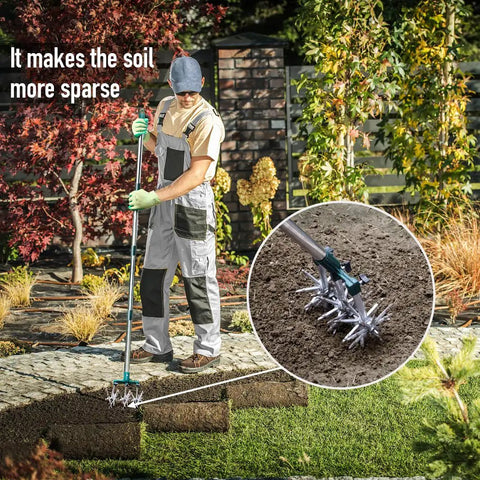 Gardener using a 63 Inch Long Handle Rotary Tiller For Easy Gardening Adjustable From 25 To 63 Inches Aluminum Detachable Tines Hand Garden Cultivator
