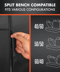 Close-up of faux leather seat cover zipper and split bench configuration options for SUVs and trucks with hand adjusting.