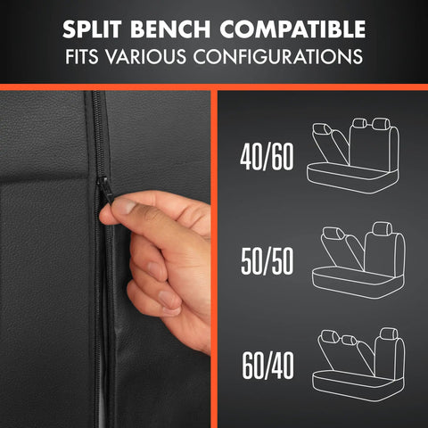Close-up of faux leather seat cover zipper and split bench configuration options for SUVs and trucks with hand adjusting.