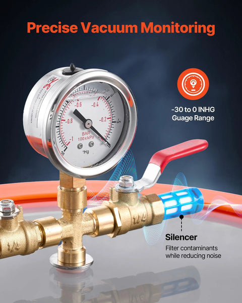 VEVOR 3-Gallon vacuum chamber with pump and gauge, stainless steel degassing kit, red-handled valve and 5 ft hose
