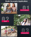 Get The Ultimate Extendable Phone Tripod That Works As Selfie Stick Vlog Stand with people using it for live broadcast, selfie, group photo