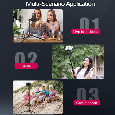 Get The Ultimate Extendable Phone Tripod That Works As Selfie Stick Vlog Stand with people using it for live broadcast, selfie, group photo