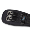 Close-up of Memory Foam Dressage Girth with Shock Absorbing Comfort and Anatomic Contour, black nylon webbing, steel buckles, 26 inch.