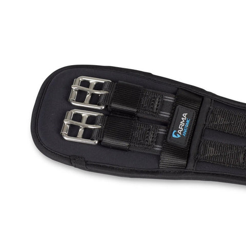 Close-up of Memory Foam Dressage Girth with Shock Absorbing Comfort and Anatomic Contour, black nylon webbing, steel buckles, 26 inch.