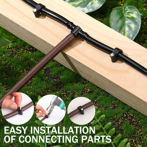 100 Pack Drip Irrigation Tubing Mounting Clips For One Quarter Inch And Three Eighths Inch Tubing Keep Garden Lines Secure And Leak Free No Fuss Easy To Install in scene showing installation on wooden board with close-up steps