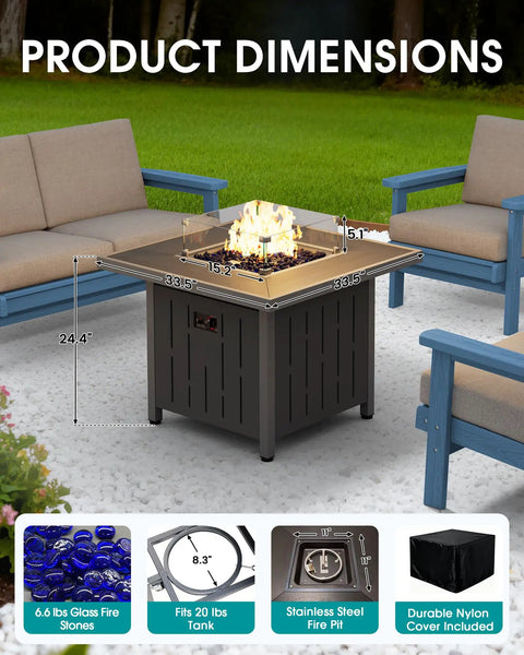 33 Inch Outdoor Propane Fire Pit Table With 50,000 BTU, Lid, Glass Wind Guard, Fire Glass, And HDPE Patio Furniture for cozy outdoor use