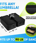 BaseMate 18 Inch Umbrella Base Weight Keeps Your Patio Umbrella Steady In Windy Weather Detachable Design For Offset And Cantilever Outdoor Umbrellas Easy Setup Sand Fill Black Finish, showing sand fill feature and dimensions.