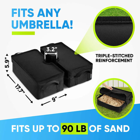 BaseMate 18 Inch Umbrella Base Weight Keeps Your Patio Umbrella Steady In Windy Weather Detachable Design For Offset And Cantilever Outdoor Umbrellas Easy Setup Sand Fill Black Finish, showing sand fill feature and dimensions.