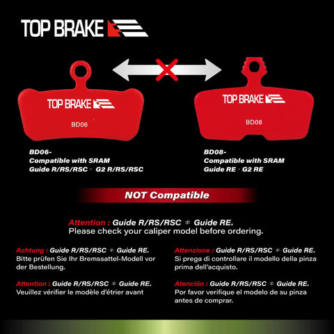 Top Brake pads compatibility chart for SRAM Guide series, highlighting compatible and incompatible models in red.