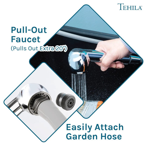 Space Saving All-In-One Utility Sink Kit With Chrome Finish Pull-Out Faucet demonstration and garden hose attachment