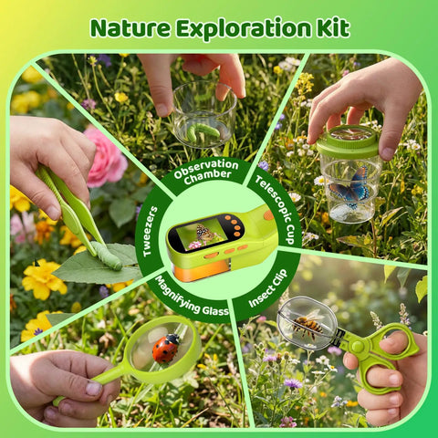 Kids Handheld Digital Microscope For Outdoor STEM Exploration With 2.4 Inch IPS Screen 500X Magnification Ergonomic Grip Photo Video Capture Bonus Tools Science kit in use