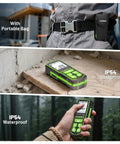 Compact Bluetooth Green Laser Measure With 395Ft Long Range And One Sixteenth Inch High Accuracy Straight Shot Precision in use by a contractor.