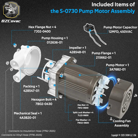 Diagram of water pump and motor assembly for Hoshizaki ice machines with cable, plug, and service kit parts labeled.