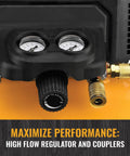Close-up of Six Gallon Pancake Air Compressor Kit With Thirteen Piece Accessory Set Including Air Hose Blow Gun Adapter Tire Gauge Rubber Nozzle Inflation Needle And Quick Connect Plug For High Flow Pro Grade At One Hundred Fifty PSI And Two Point Six CFM showing regulator and couplers
