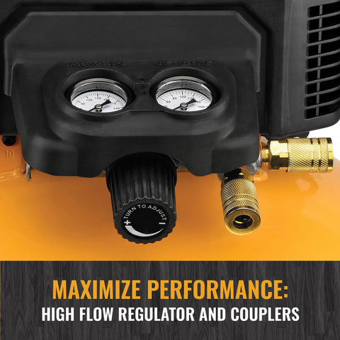 Close-up of Six Gallon Pancake Air Compressor Kit With Thirteen Piece Accessory Set Including Air Hose Blow Gun Adapter Tire Gauge Rubber Nozzle Inflation Needle And Quick Connect Plug For High Flow Pro Grade At One Hundred Fifty PSI And Two Point Six CFM showing regulator and couplers