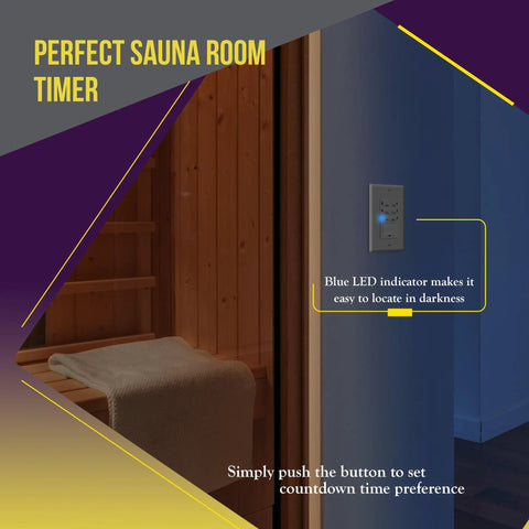 Wall-mounted Countdown Timer Switch with blue LED indicator in sauna room setting for bathroom fans and lights.