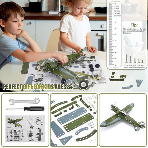 Children assembling 258 Piece Airplane Erector Set STEM Building Kit For Kids And Teens Ages 8 12 14 16 Metal Model Aircraft Toy