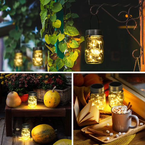 Hanging Mason Jar Solar Lights 6 Pack With 30 LED Lanterns illuminating a garden and a cozy indoor setting with books and cocoa.