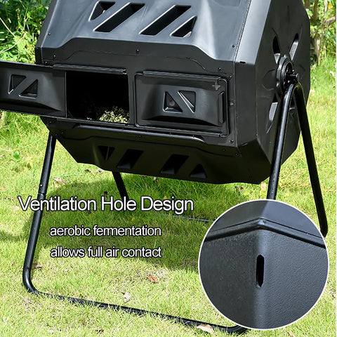 Dual Chamber Compost Tumbler 42 Gallon 160L Outdoor Bin With Sliding Doors For Garden Yard Outdoor Use Durable PP Material Sturdy Powder Coated Stand BPA Free UV Resistant Continuous Composting Made Easy No Fuss, showing ventilation design.