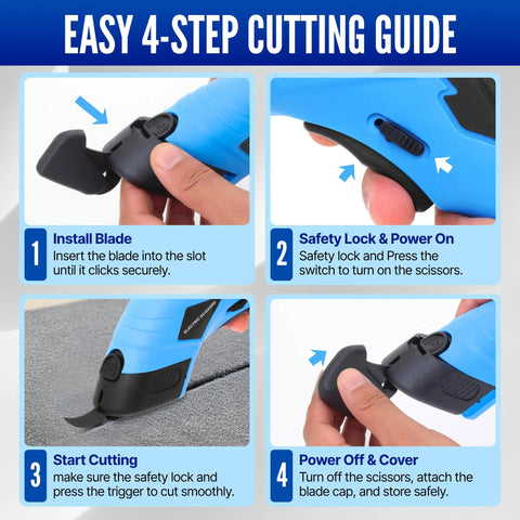 Powerful Heavy Duty Cordless Electric Scissors For Cardboard And Box Cutting With Safety Lock Rechargeable Cutter Kit Includes Two Extra Blades Protective Case Charging Cable And Manual, 4-step blade install guide