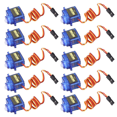 Ten Pack Micro Servo Motors Built From Abs Plastic, compact size with yellow and red wiring for RC airplane models.