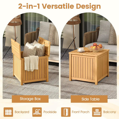 2 In 1 Outdoor Side Table With Storage In Acacia Wood Slatted Design With Umbrella Hole And Removable Base Square End Storage Box