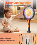 Child playing near Three In One Rechargeable Electric Fly Swatter With 4200V Bug Zapper in living room, freestanding mode