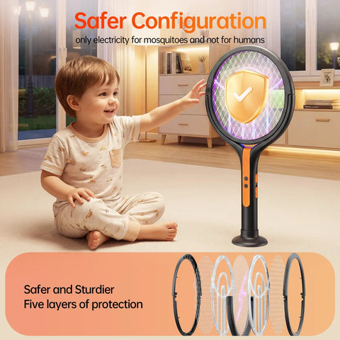 Child playing near Three In One Rechargeable Electric Fly Swatter With 4200V Bug Zapper in living room, freestanding mode