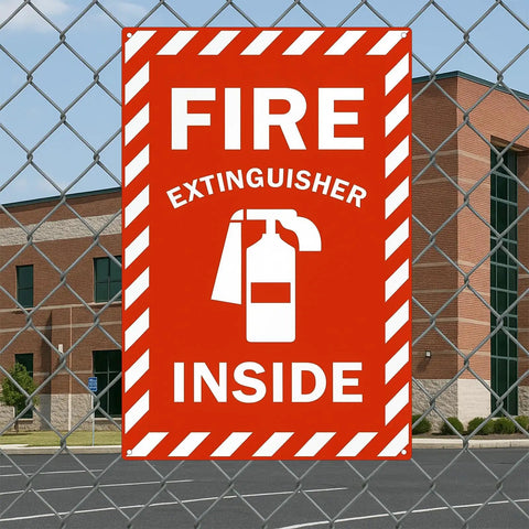 High Visibility Fire Extinguisher Inside Sign 8x12 Inch Metal Safety Plaque on fence outside commercial building