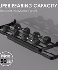 Matte Black 20 Inch Towel Rack With Shelf And Dual Towel Bars Dope Space Saving Bathroom Organizer displayed with weights