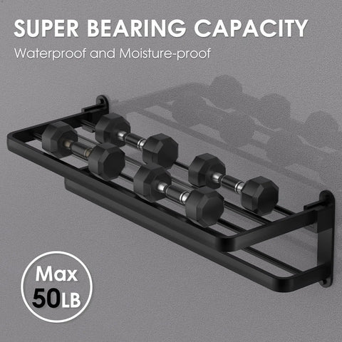 Matte Black 20 Inch Towel Rack With Shelf And Dual Towel Bars Dope Space Saving Bathroom Organizer displayed with weights