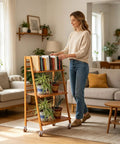 Woman organizing books on a wooden cart featuring Heavy Duty Casters 4 Pieces M8 Threaded Heavy Duty Silent Replacements.