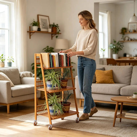 Woman organizing books on a wooden cart featuring Heavy Duty Casters 4 Pieces M8 Threaded Heavy Duty Silent Replacements.