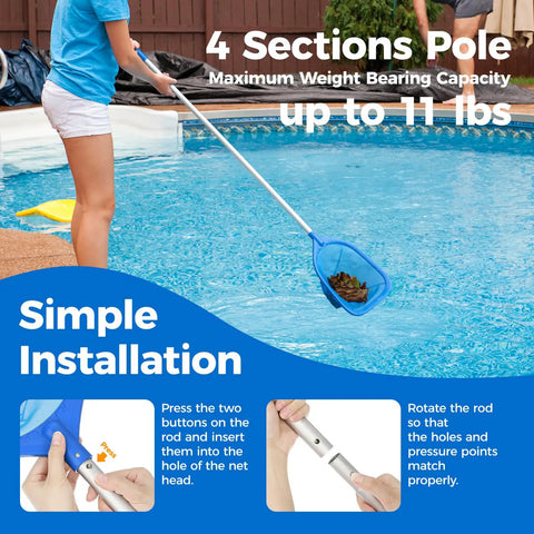 Person using 57 Inch Telescopic Pool Skimmer Net With Aluminum Pole Leaf Rake For Fast Cleaning Of Pools Ponds Hot Tubs And Spas