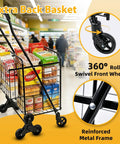 All Terrain Grocery Cart With 360 Degree Swivel Wheels And Stair Climber in grocery store, loaded with items, black metal frame