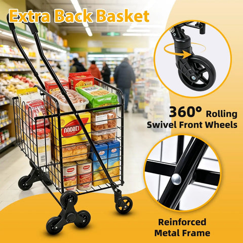 All Terrain Grocery Cart With 360 Degree Swivel Wheels And Stair Climber in grocery store, loaded with items, black metal frame