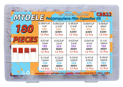Must-Have 180Pcs Metallized Film Capacitor Kit For DIY Electronics, PCB And Arduino Projects, organized in clear box