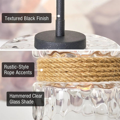 Close-up of Sage 10 Inch Farmhouse Pendant Light with hammered glass, textured black finish, and rope accent