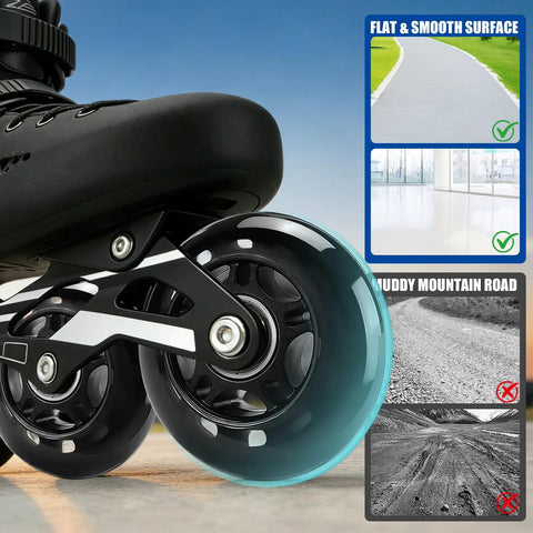 Close-up of black inline skate with 8 Pack 76mm 84A Inline Skate Wheels With ABEC 7 Bearings Replacement Roller Skates For Boys And Girls