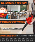 M18 Battery Compatible Cordless Leaf Blower With Brushless Motor, showing 6 variable speeds and low voltage protection features